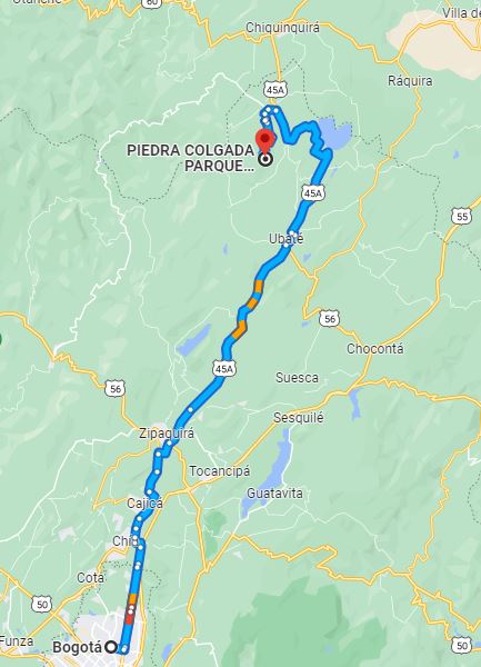 La ruta normal que sugiere Google Maps desde Bogotá hacia la Piedra Colgada