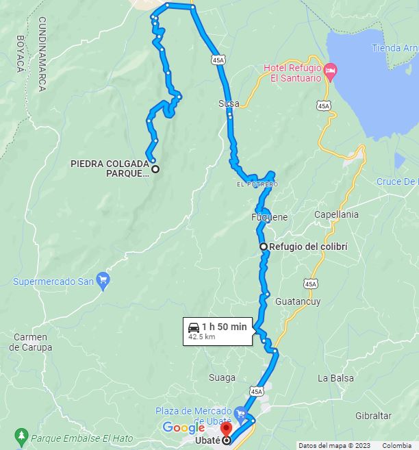 Ruta de regreso desde la Piedra Colgada, según Google Maps